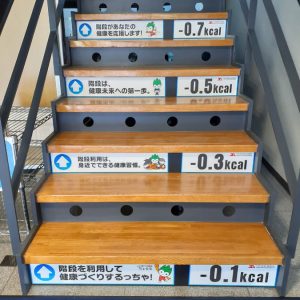 山口県が配布する「ちょるる健幸階段ステッカー」の掲示と共に、自社オリジナルのカロリー掲示を行っています